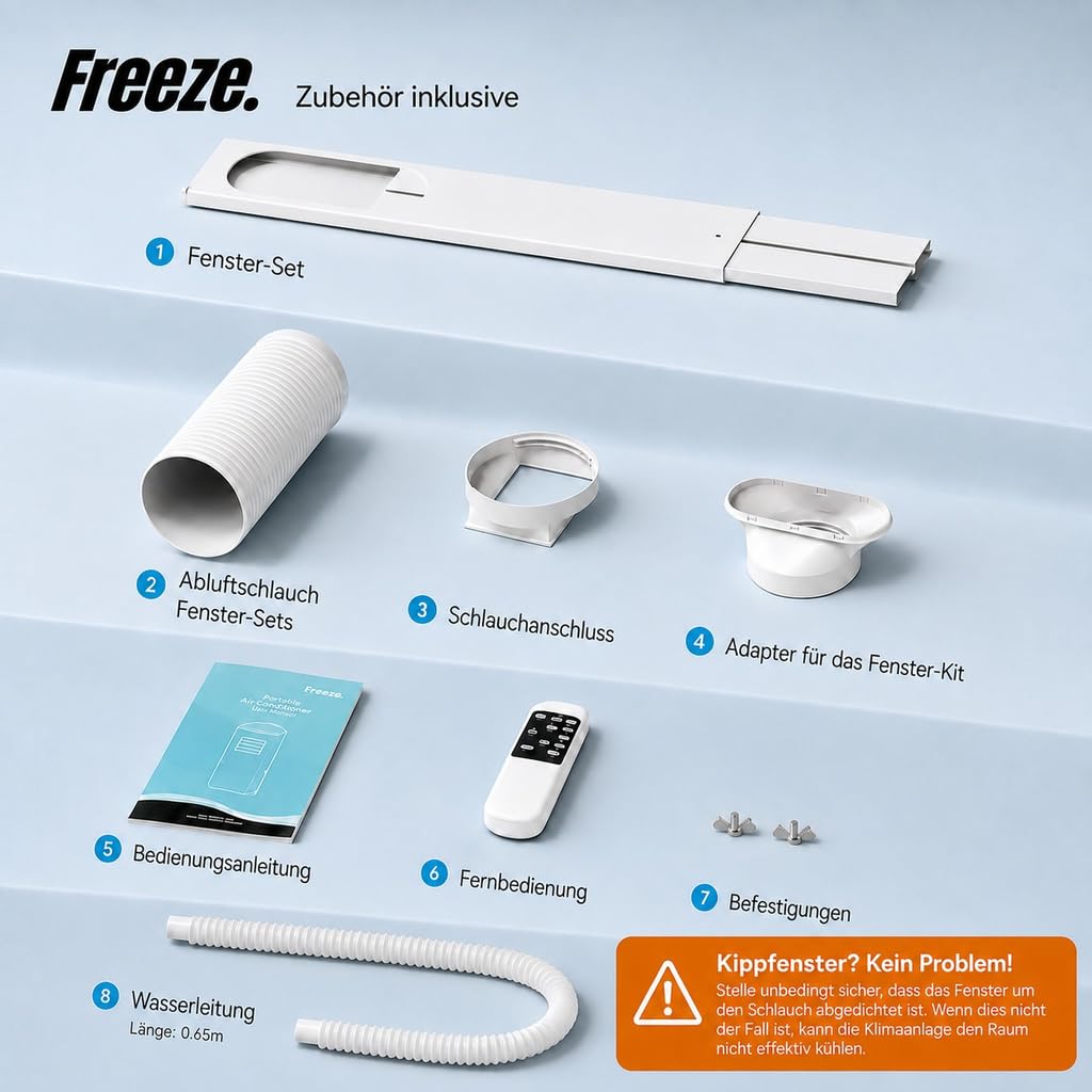 Freeze. nineH 9000BTU Mobile Klimaanlage mit Wärmepumpe, weiß, Monoblock-Klimaanlage und Heizung mit LED-Anzeige, Fernbedienung, Schlafmodus, verstellbarem Luftauslass, inkl. Abluftschlauch und Fenste