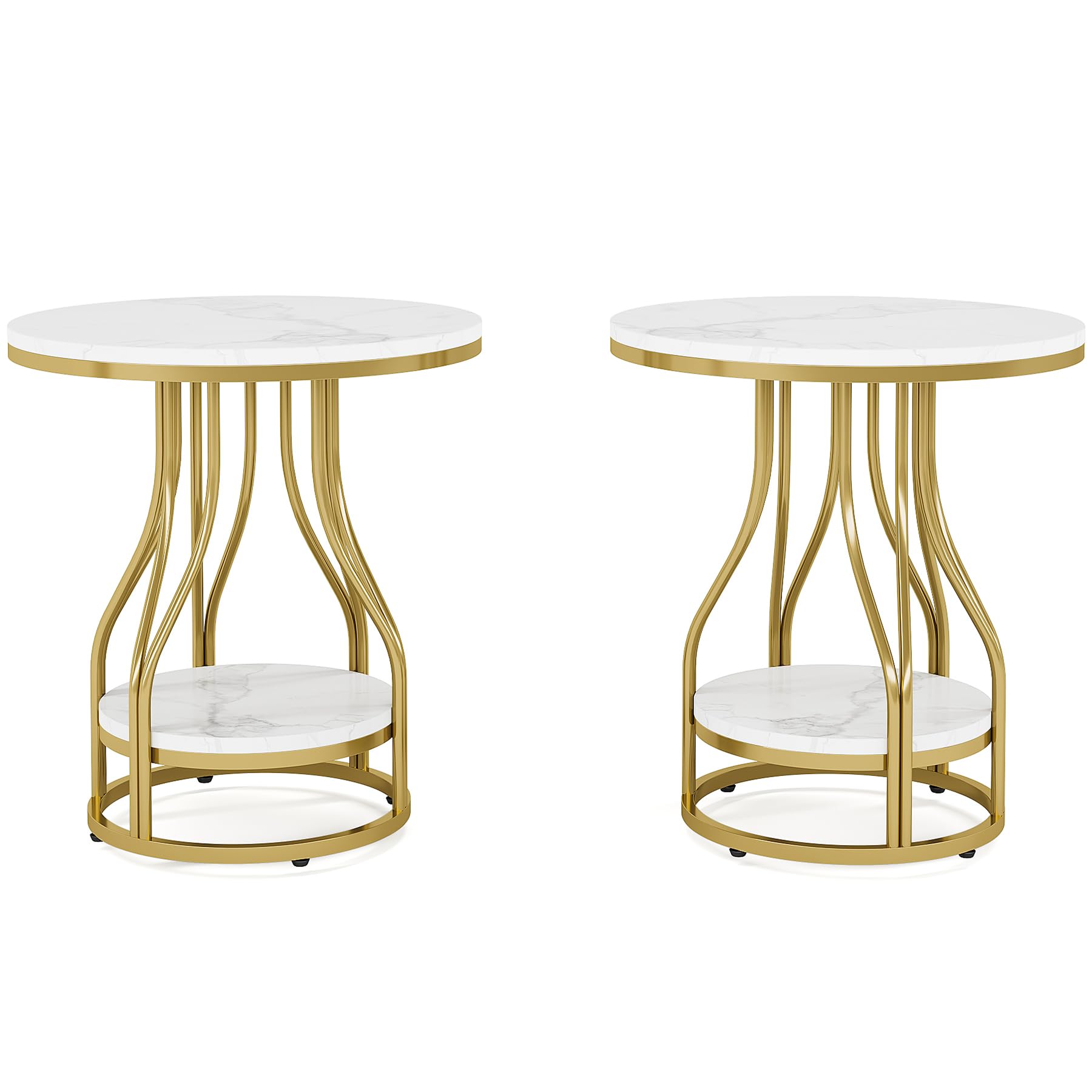 Tribesigns Round Side Table White Gold End Table Set of 2, 2-Tier End Table Modern Bedside Table Small Side Table with Storage Sofa Side Table with