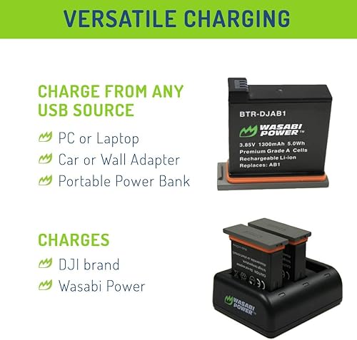 Miniatura 6 de Wasabi Power Batería (paquete de 2) y cargador USB triple para DJI AB1 y DJI OSMO Action Camera