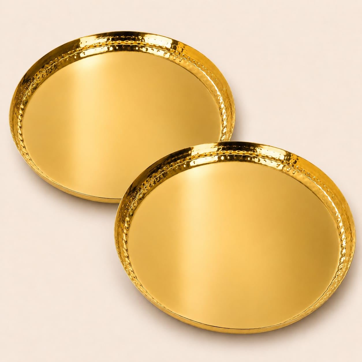 Premium Stainless Steel Thali Set of 2 | Gold PVD Coated Dinner Plates | Food Grade Steel | Hammered Border Design | Mirror Finish | Rust Resistant | 29.5 cm Round Serving Thali-image-5