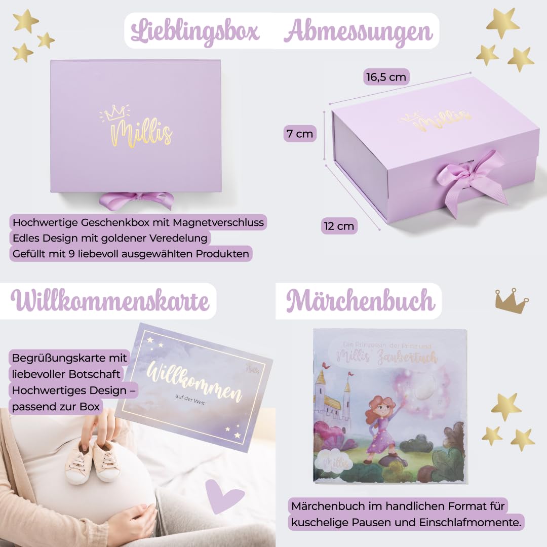 Millis Coffret cadeau bébé 8 pièces avec produits | Cartes de jalons, lingettes humides en bambou Millis & lingettes magiques Millis Bavoir Album de souvenirs, livre de contes de fées, sac à langer et