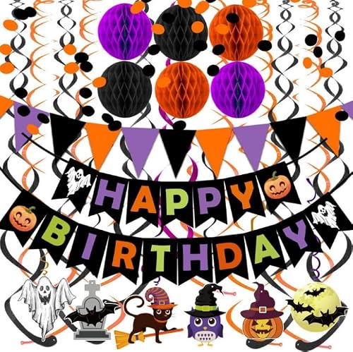 Hitchuey Lot de 45 décorations d'anniversaire pour Halloween, bannières de lettres, crochets tourbillonnants, balles en nid d'abeille, chauves-souris et citrouille, accessoires pour fête d'Halloween