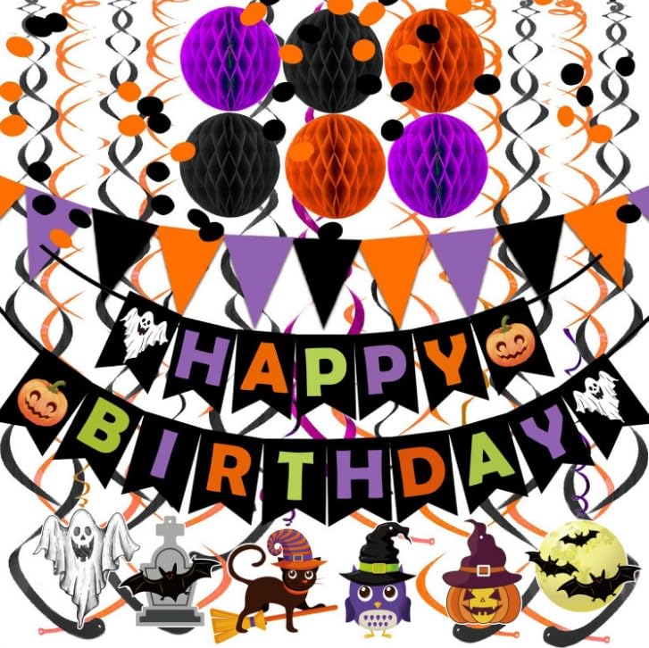 Hitchuey Geburtstagsdeko Halloween Set 45-teilig Buchstabenbanner Wirbelhaken Wabenbälle Fledermäuse und Kürbis Dekoballons Zubehör für Halloween Party und Geburtstagsfeier