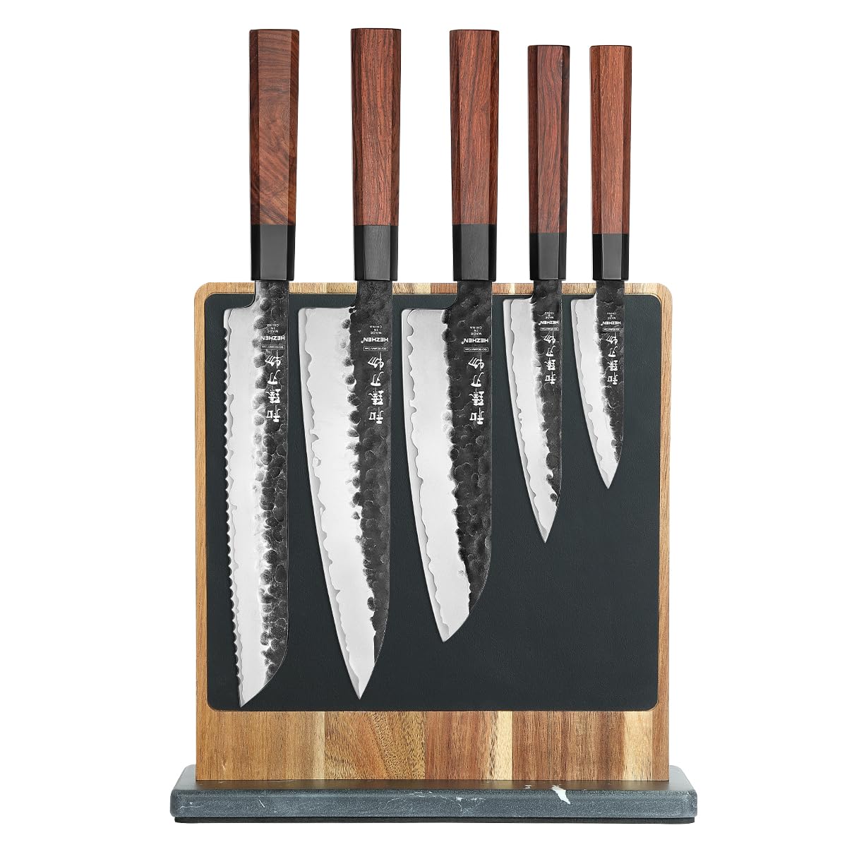 HEZHEN Juegos de Cuchillos de Cocina, Set Cuchillo de Cocina Profesional con Soporte para Cuchillos Magnético Doble Cara, Bloque de Cuchillos de Madera de
