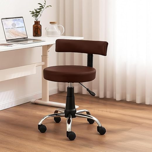 NEWTURN Ketto Swivel Stool Chair: Pre-Assembled Rolling Stool with Lift, Fixed Rest, Metal Base, Brown Rexine for Home, Of...