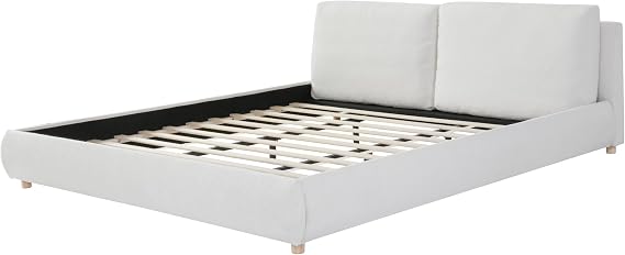 Merax King Size Boucle Fabric Upholstered Platform Bed with Two Removable Pillow Headboard, Wood Bed Frame with Solid Round Legs for Kids Teens Adults, White