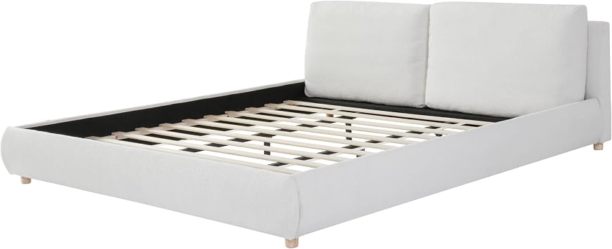 Merax King Size Boucle Fabric Upholstered Platform Bed with Two Removable Pillow Headboard, Wood Bed Frame with Solid Round Legs for Kids Teens Adults, White