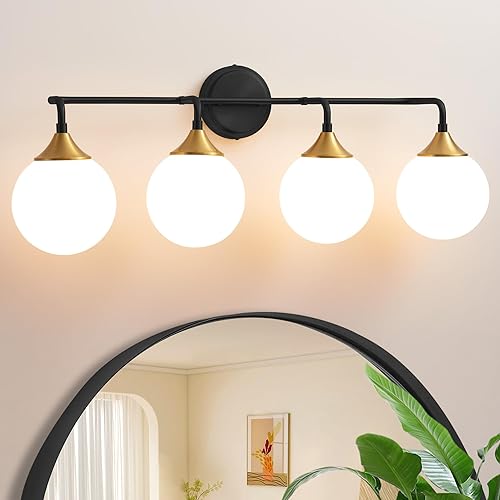 Lámparas de baño, 4 luces de tocador de baño negras y doradas sobre el espejo, iluminación moderna de pared de granja con pantallas de bola de