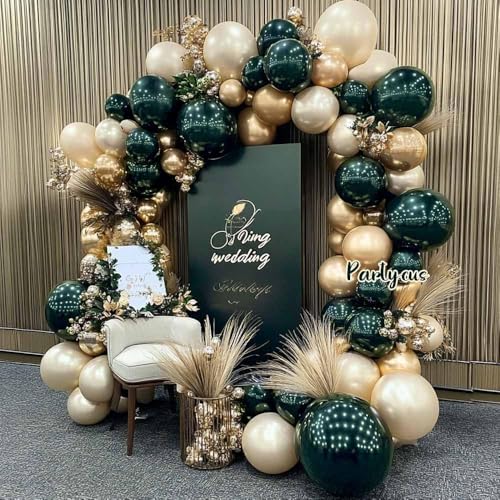 Emerald Green Gold Balloon Arch Garland Double Stuffed Dark Forest Green Pearl White Sand Ivory Balloon Kit for Birthday Wedding Anniversary Graduation Party Decoration