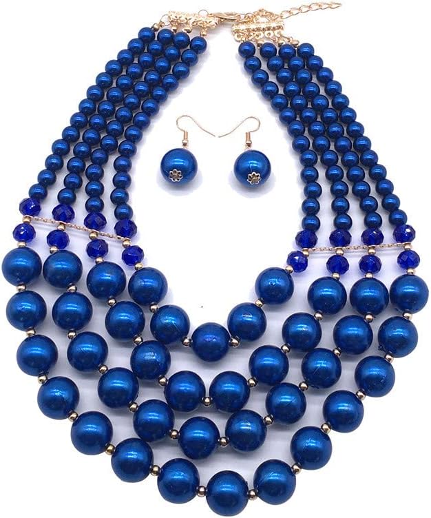 Halawly 5 Colors Statement Beaded Layered Strands Resin Big Simulated Pearls Multi Strand 4 Layer Collar Evening Necklace (Blue)