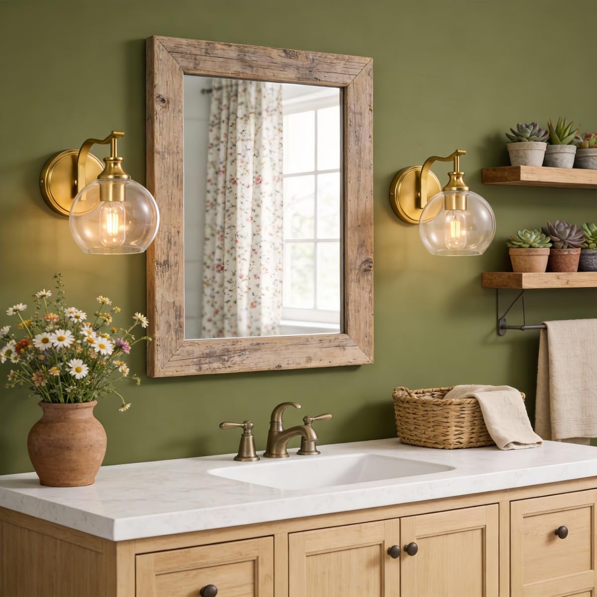ANDY STAR Brushed Gold Bathroom Light Fixtures, Brass Vanity Lights for Mirror, 1-Light Bathroom Wall Sconces Lighting with Globe Clear Shade Up or Down Wall Mounted for Kitchen, Living Room, Hallway