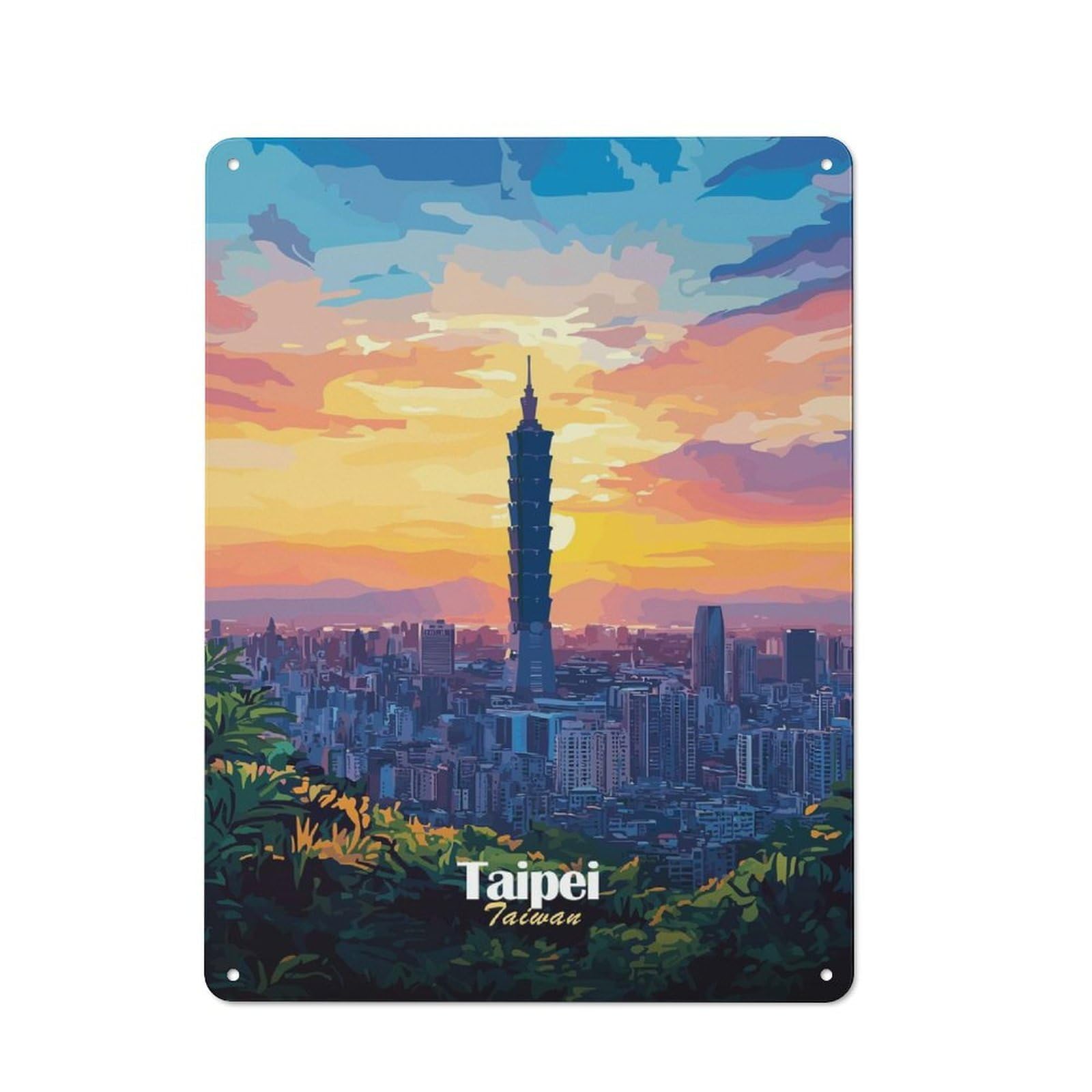 Junmoney Style-13 Taipei Skyline Sunset Rustic Metal Plaque 40X30cm For Living Room Or Hallway, For Garage, Workshop And Man Cave Decoration