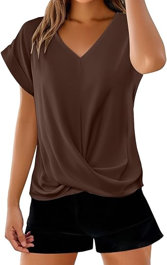Womens Summer Tops Cap Sleeve Front Twist Knot V Neck T Shirts Draped Blouses Casual Loose Fit tees
