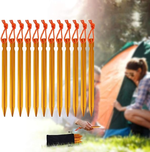 Rovtop 12Pcs Y-shaped Lightweight Metal Tent Pegs, Golden Ground Pegs Camping Heavy Duty Tent Stakes Pegs 18cm Aluminium Alloy with Reflective Rope, for Camping, Beach , Outdoor and Sand
