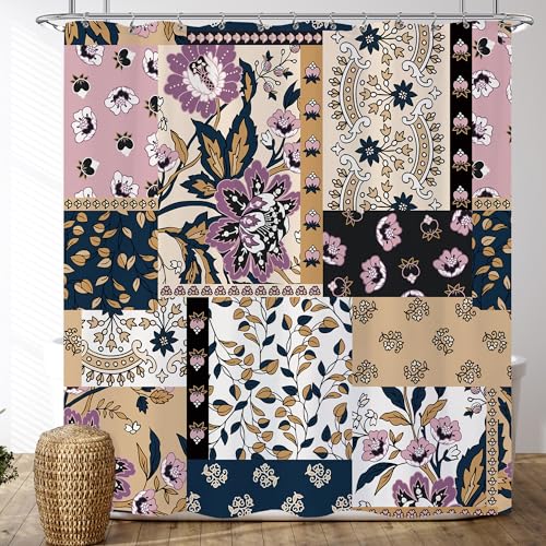 Opeoddie OPE-BOHM-SHFH Boho Flower Patchwork Shower Curtain 72X72 Bohemian Flower Aztec Shower Curtain Set Stitching Stitch Botanical Vintage Paisley Bath Curtain thumb #3