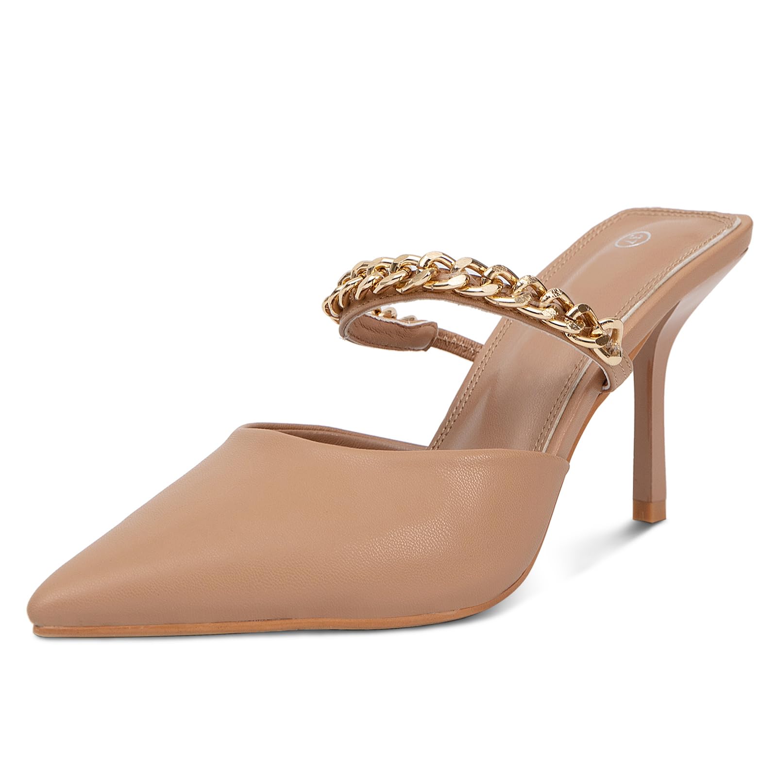 Jeesay Women's Pointed Toe Stilettos Mules Heels Pumps Slip on Gold Chains Mary Jane Dress Heels Sandals (US 10, Tan)
