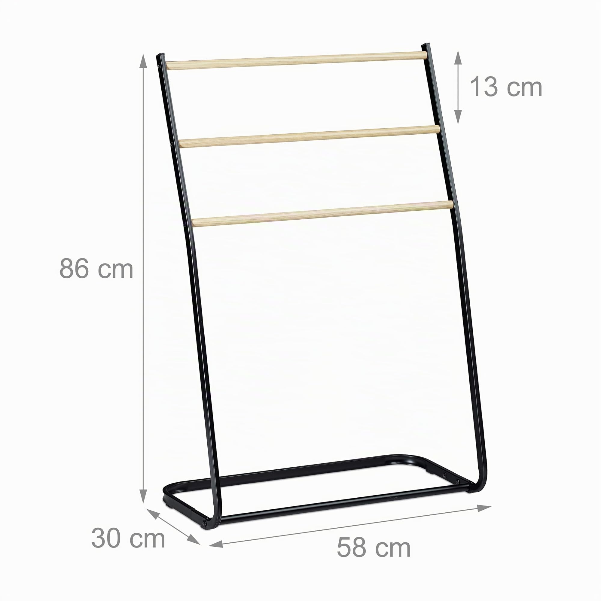 Relaxdays, noir Porte pieds, échelle, escalier 3 barres, métal bois support serviette bain, 86x58x30 cm, fer, 1 élément
