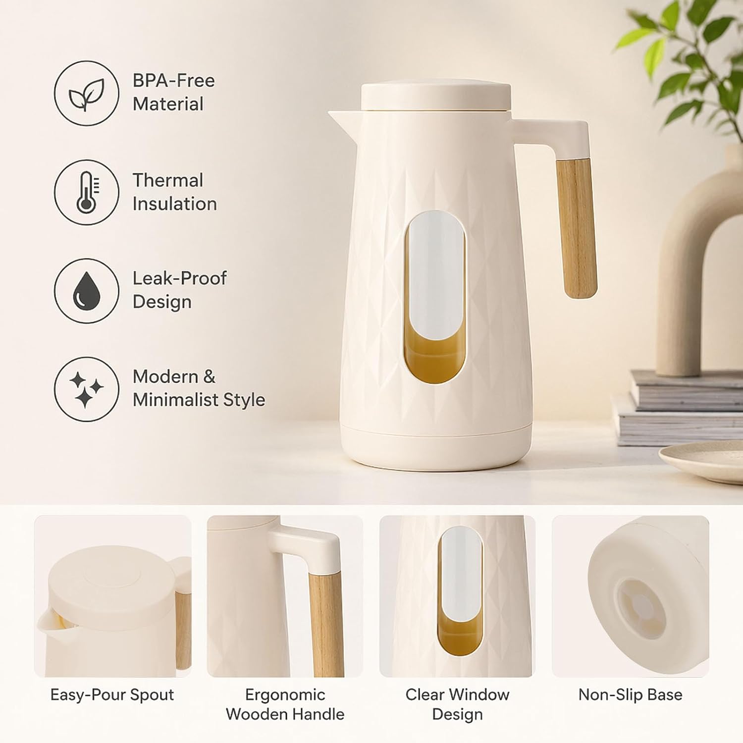 Glass Pitcher with Lid, 55.79 Oz Borosilicate Glass Water Pitcher,Heat Resistant Glass Water Jug with White Shell&V-Shaped Spout,Water Infuser Pitcher for Iced Tea,Juice,Fridge Use,1 Pack