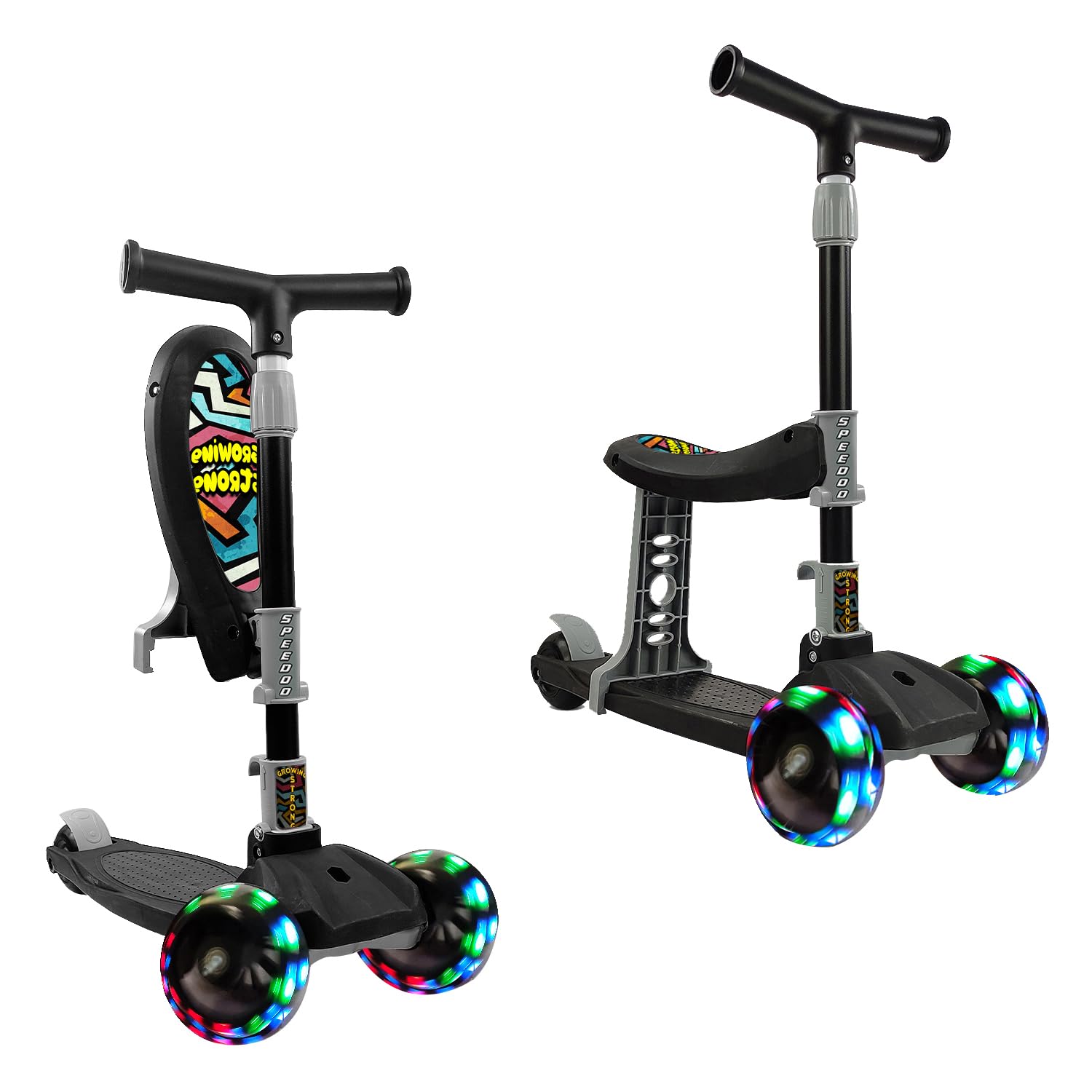 NHR Kids 2 in 1 Scooter, Dual Purpose Scooter, 3 Wheeled LED Scooter with Rotary Light Up Wheels, Lightweight and Foldable, Stand and Sit Functionality, Ages 2+ Year Kids (Black) (B0CLLLJK3B) Amazon Price History, Amazon Price Tracker