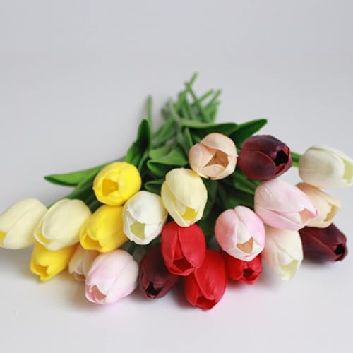 Miniatura 7 de BOSHENG 20 flores artificiales de seda de tulipanes de 13 pulgadas para tulipanes artificiales de tacto real, ramo de arreglos florales falsos para