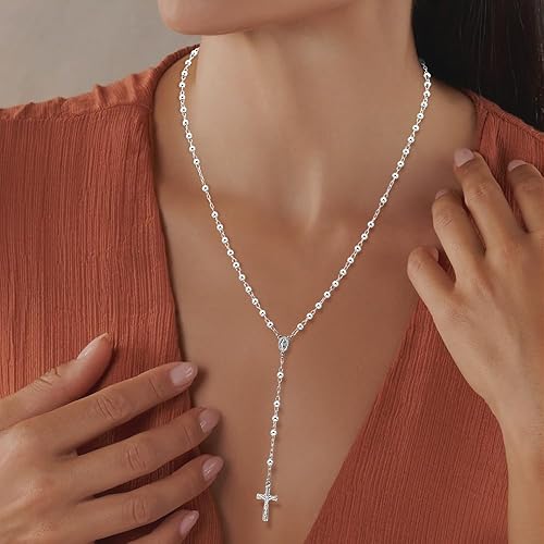 Miniatura 2 de Diamond2Deal Rosario pulido de plata de ley de 26 pulgadas, collar de regalo