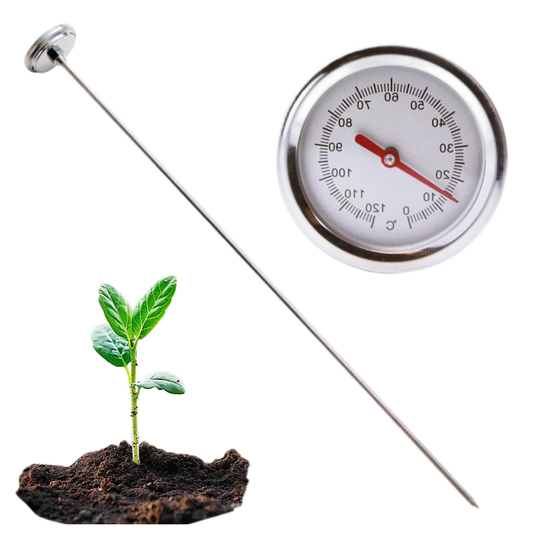 Termometro per Compost, termometro per Terreno in Acciaio Inossidabile con quadrante da 2 Pollici e Stelo da 20 Pollici Portatile per Terreno, Compost, Giardino