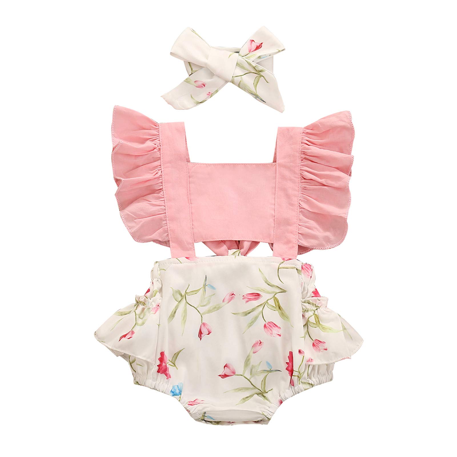 Girls Flower Print Ruffle Bodysuit Romper Clothes Infant Baby Girls Romper Jumpsuit Baby Girl Clothes Pink 12-18 Months