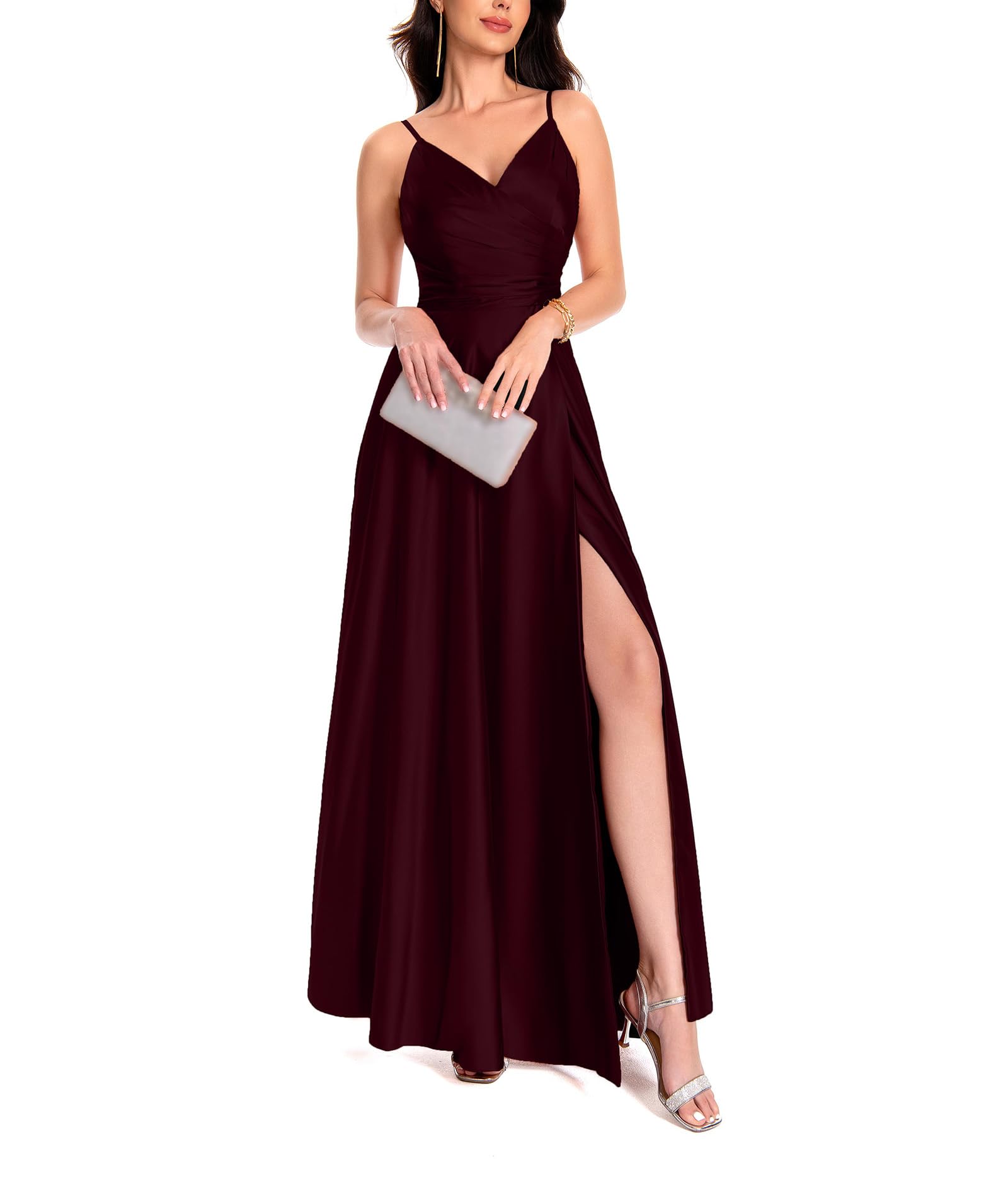 xxxiticat Damen V-Ausschnitt Spaghettiträger Satin Brautjungfernkleider Formeller A-Linie Abschlussball Abendkleider mit Schlitz