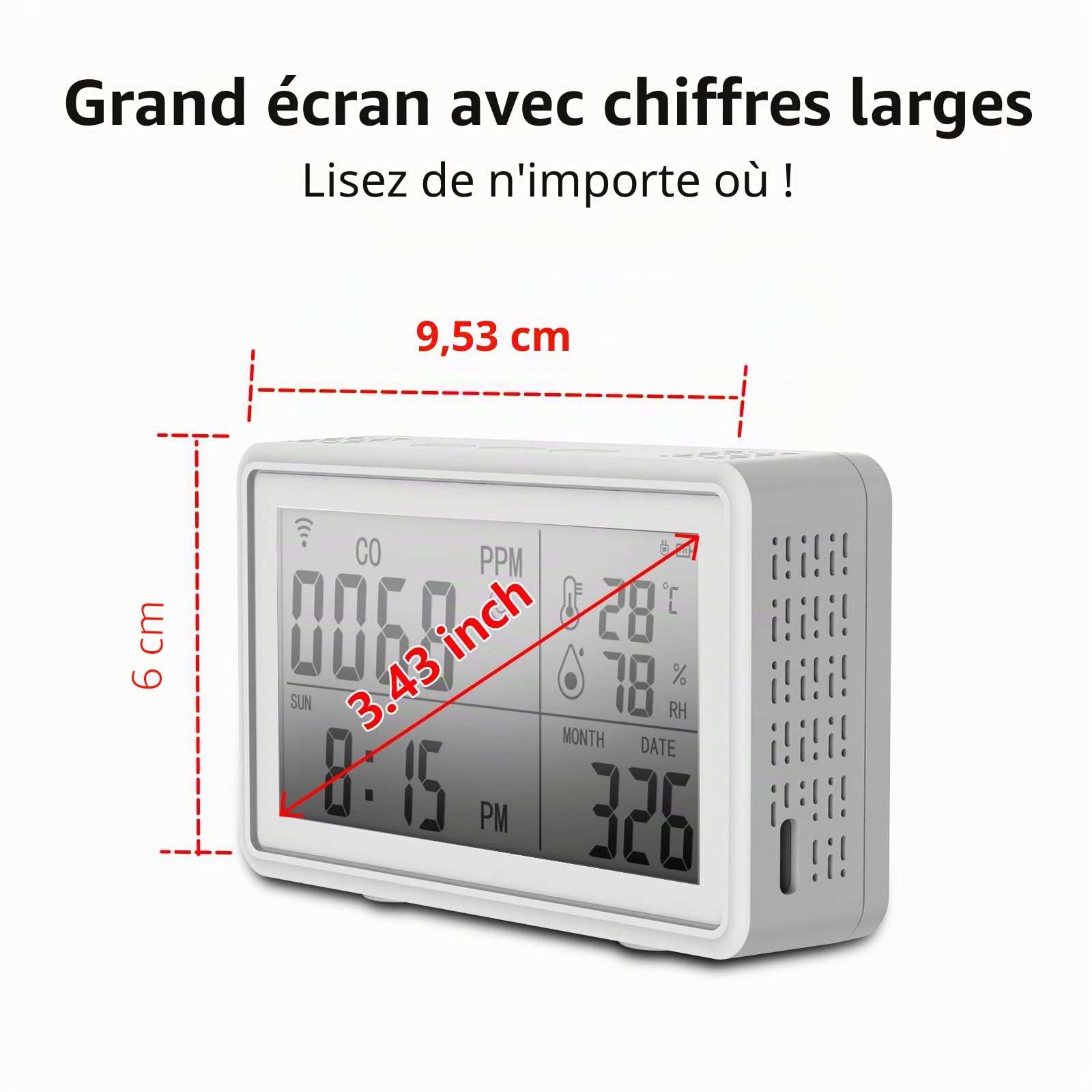 Détecteur Portable 3 en 1 Monoxyde Carbone,Température Humidité Tuya WiFi,Hygromètre Thermomètre Numériques Sans fil,Moniteur Température D'humidité,Détecteur D'alarme à Capteur CO pour la Maison,Cave