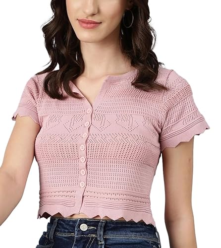 Image of ICW Women's Knit-Rib Acrylic Short-Sleeve Hollow Out Button-Up Crop Top T-Shirt for Girls Dn203