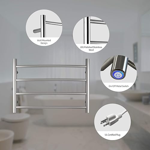 Miniatura 7 de SHARNDY Calentador de toallas de níquel cepillado para baño, calentador de toallas de baño montado en la pared, calentador eléctrico de acero