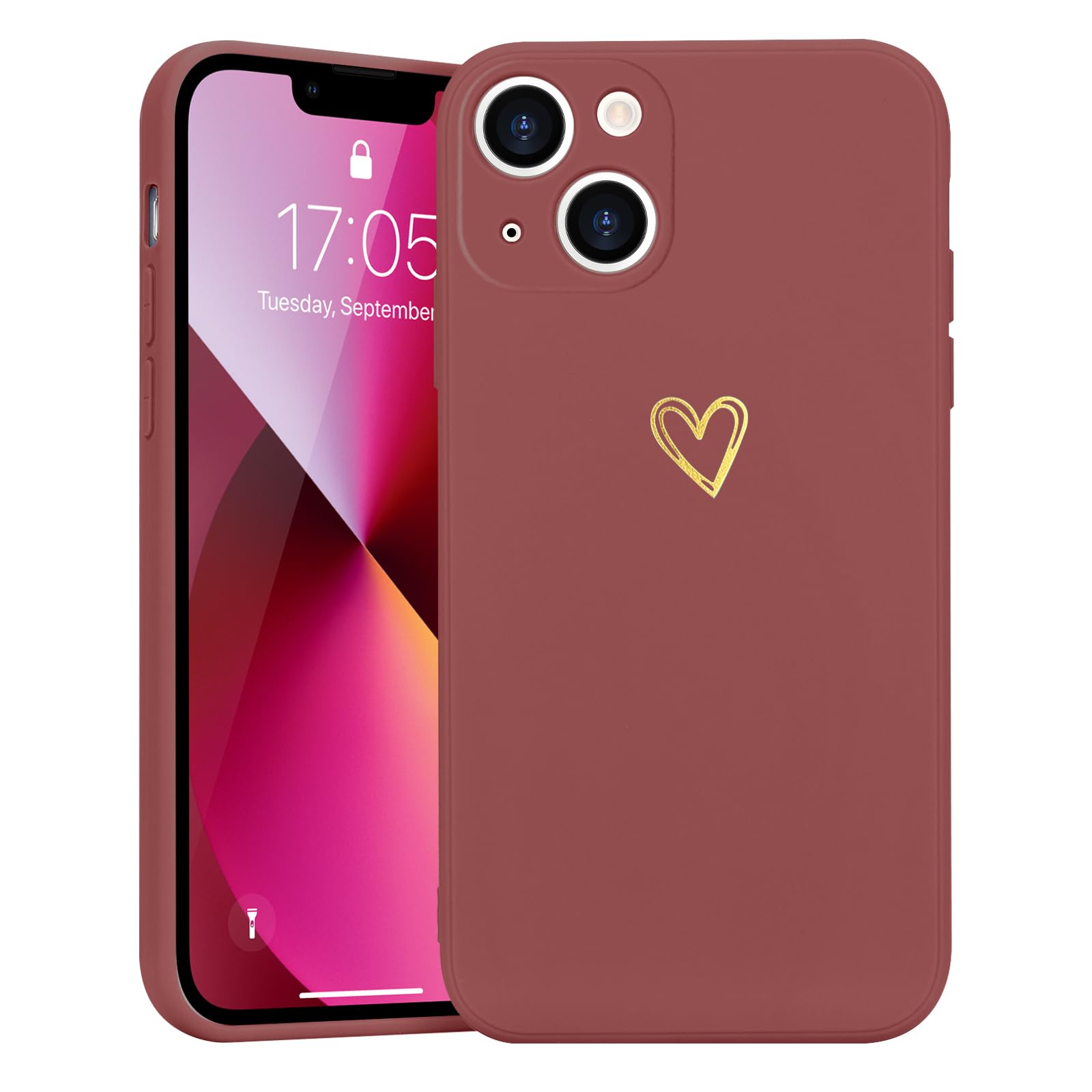 Wirvyuer Kompatibel mit iPhone 13 Handyhülle Mädchen,Weißdornrot | Gold Süßes Liebesherz Hülle, Stoßfest Schutzhülle für Damen und Mädchen, Weich Silikon Handyhülle, Slim Cute Gold Love Case