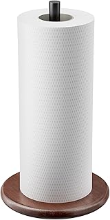 Paper Towel Holder with Wooden Base, Kitchen Countertop Paper Towel Stand, Brown Wood Base with Black Stainless Steel Post, Farmhouse Roll Dispenser.