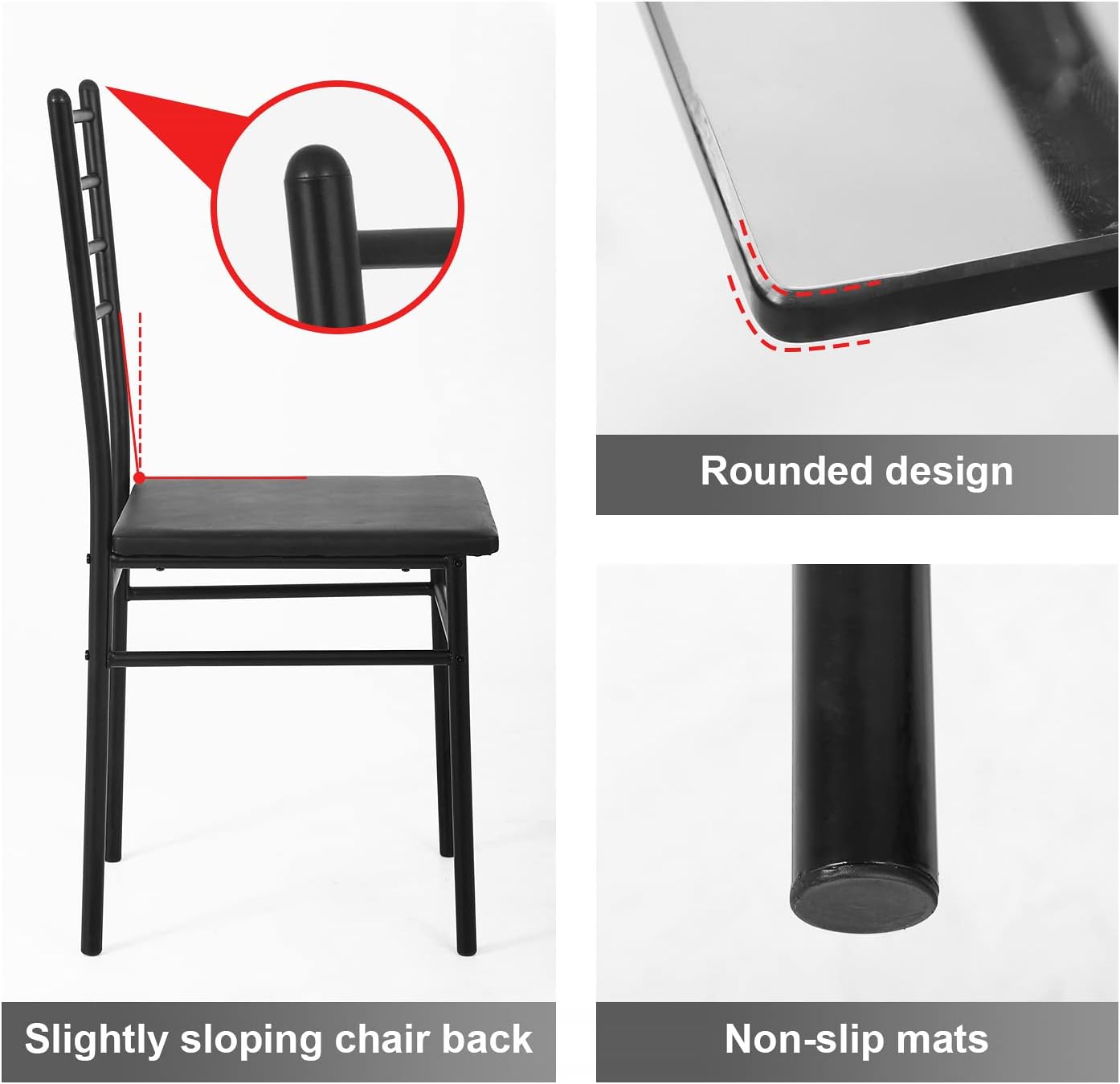 Chair features: sloping back, rounded design, non-slip mats