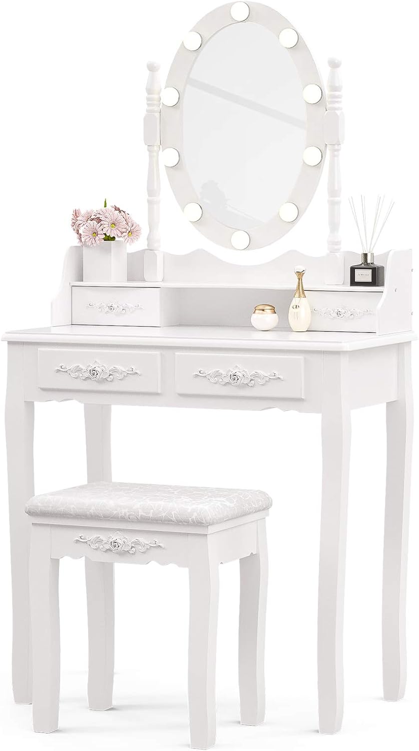 NA Makeup Vanity Table w/10 LED Lights Mirror - Wood Dressing Table with 4 Drawers - Makeup Table with Oval Mirror & Stool for Girls Women Bedroom Furniture - White