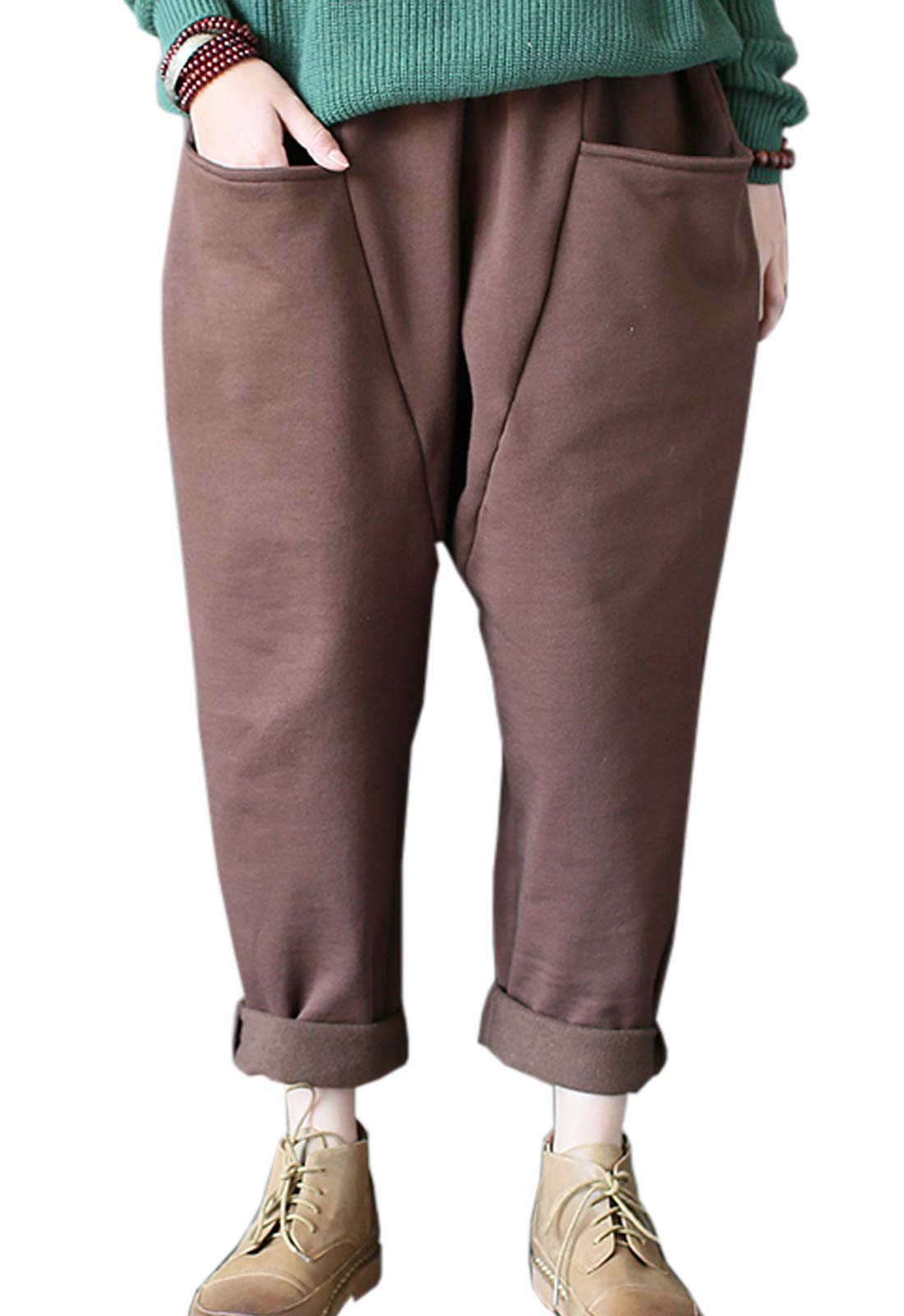 Flygo Womens Retro Casual High Waisted Wide Leg Harem Pants Trousers with Pockets