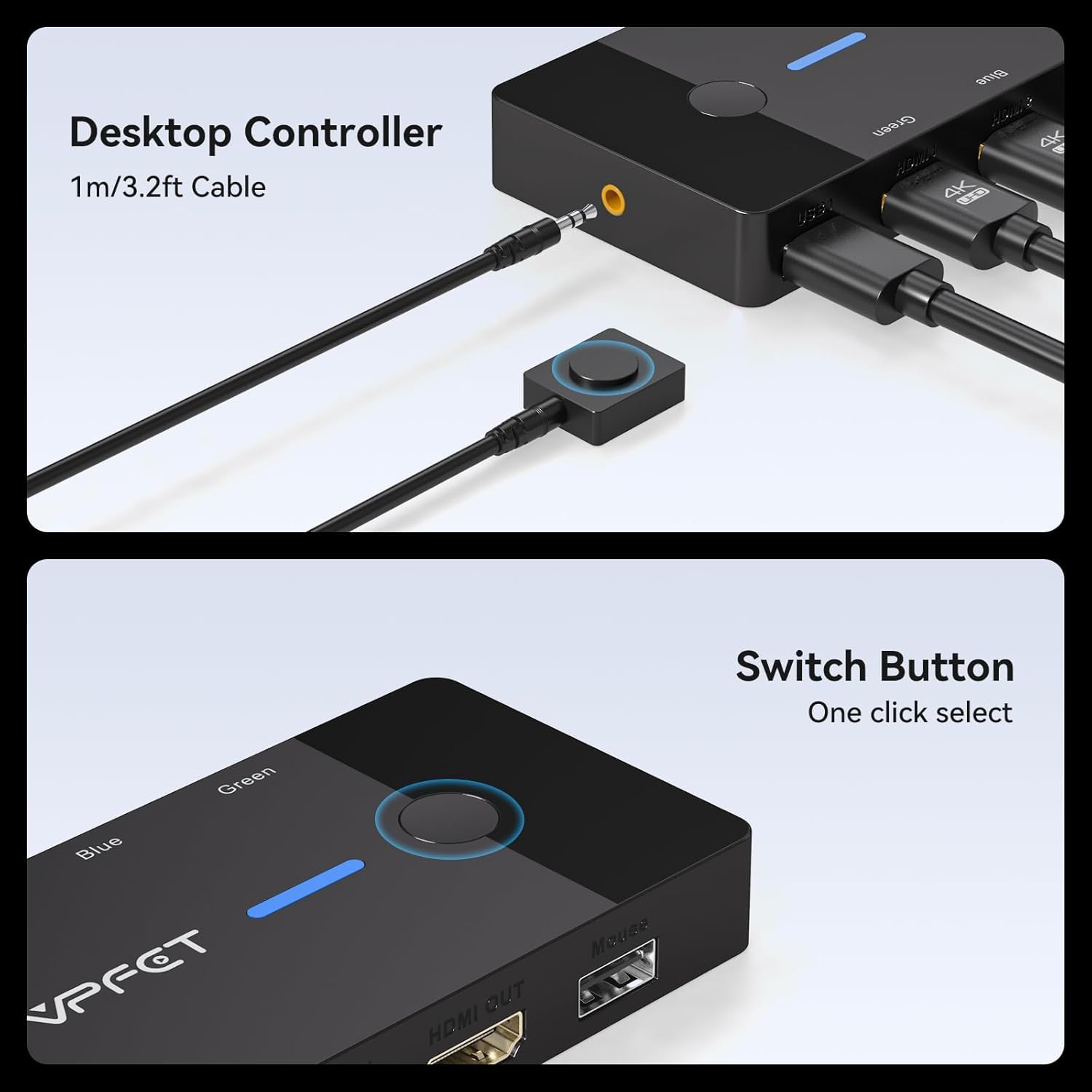 VPFET 4K @ 60Hz HDMI KVM Switch 2 PC 1 Monitor, USB, for 2 Computers Sharing 1 Monitor and 1 Keyboard/Mouse, with Desktop Controller and 2 USB Cables, Plug and Play Black