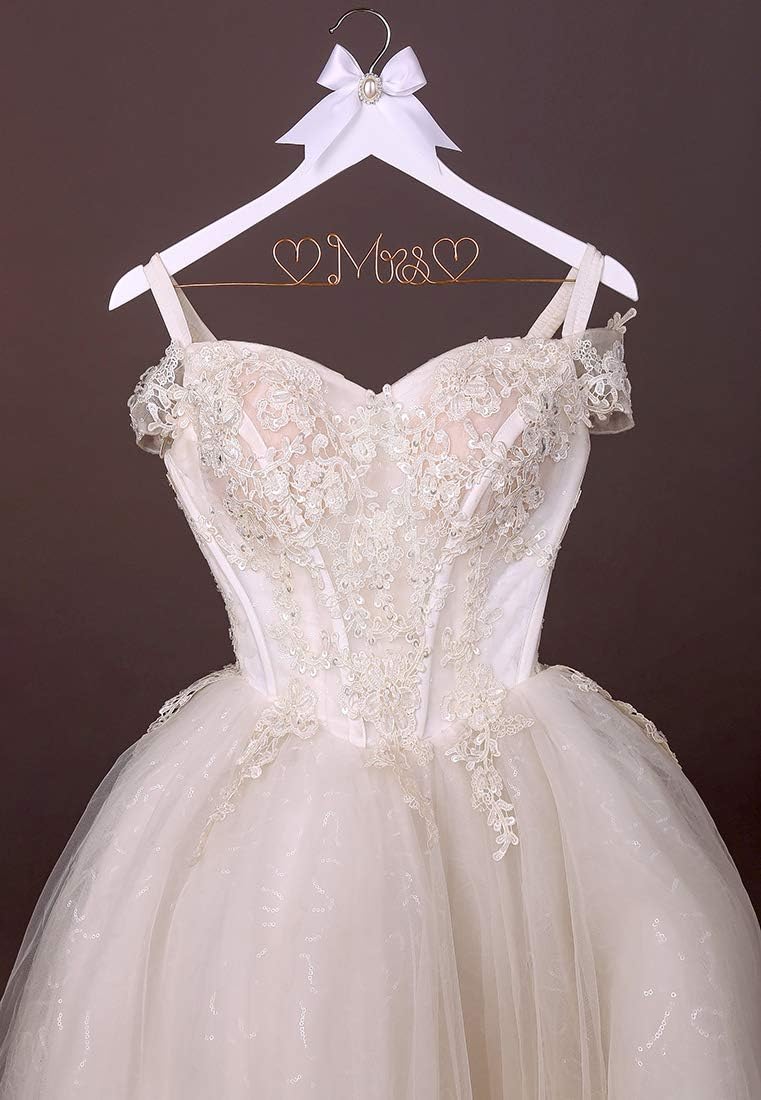 White Solid Wood Bridal Dress Hanger with Lady Wire Lettering for Bridal Wedding Party Gift (Rose Gold line White Hanger)