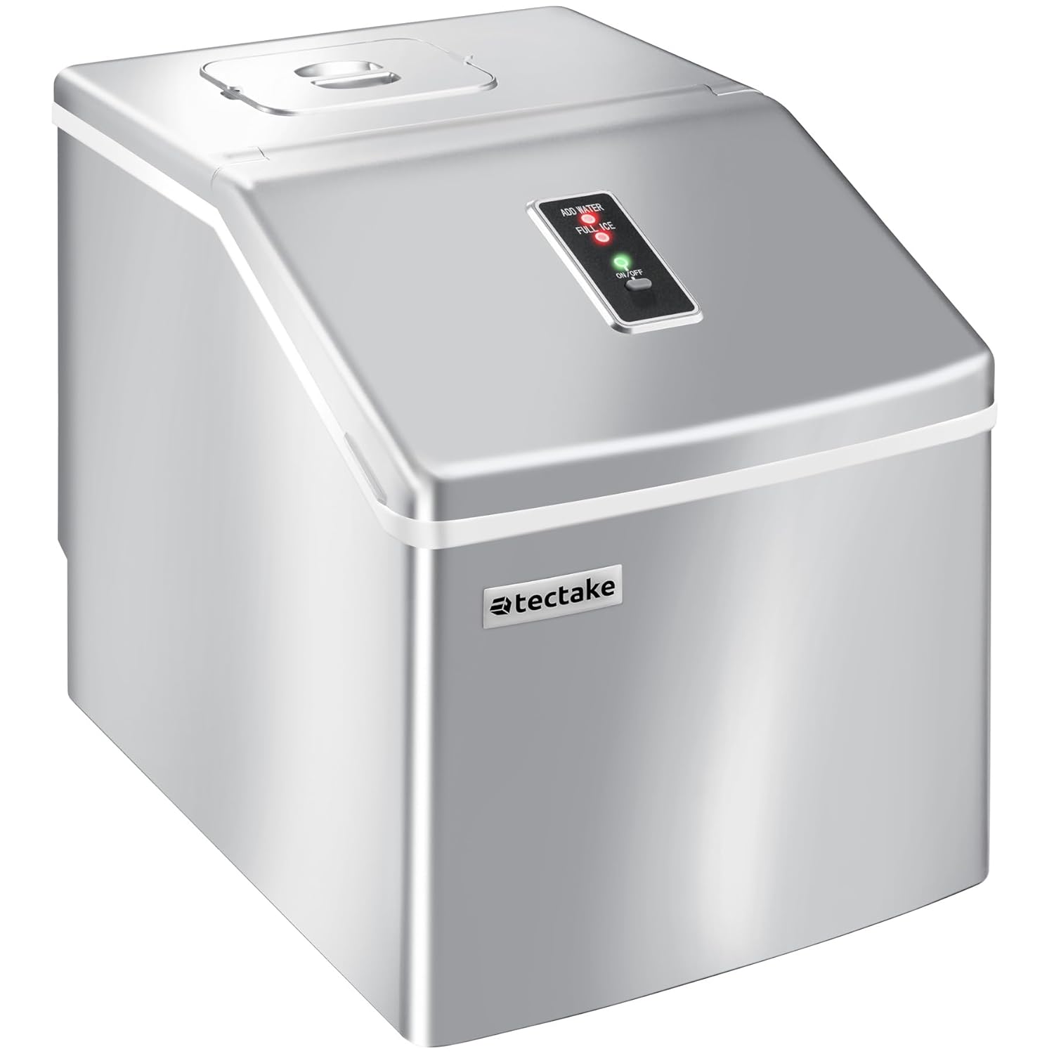 A hand pouring water into the TecTake Ice Maker's water reservoir.