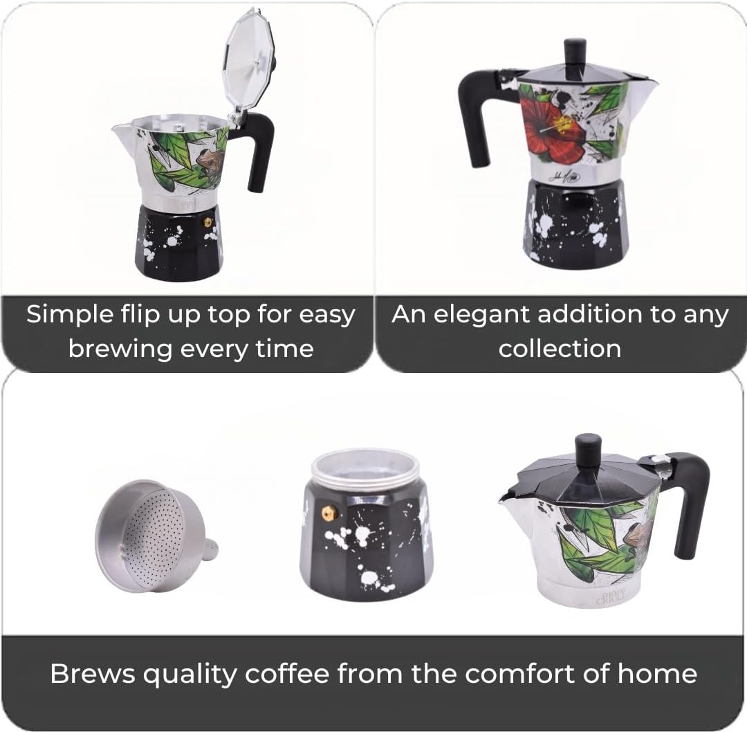 Puerto Rico Greca de Cafe Gift Set | Boricua Art by Joshua Montes Stovetop Coffee pot & Moka Pot with Authentic Café El Coqui and a Wooden Spoon | Cafetera | El Coqui, 6 Espresso Cups