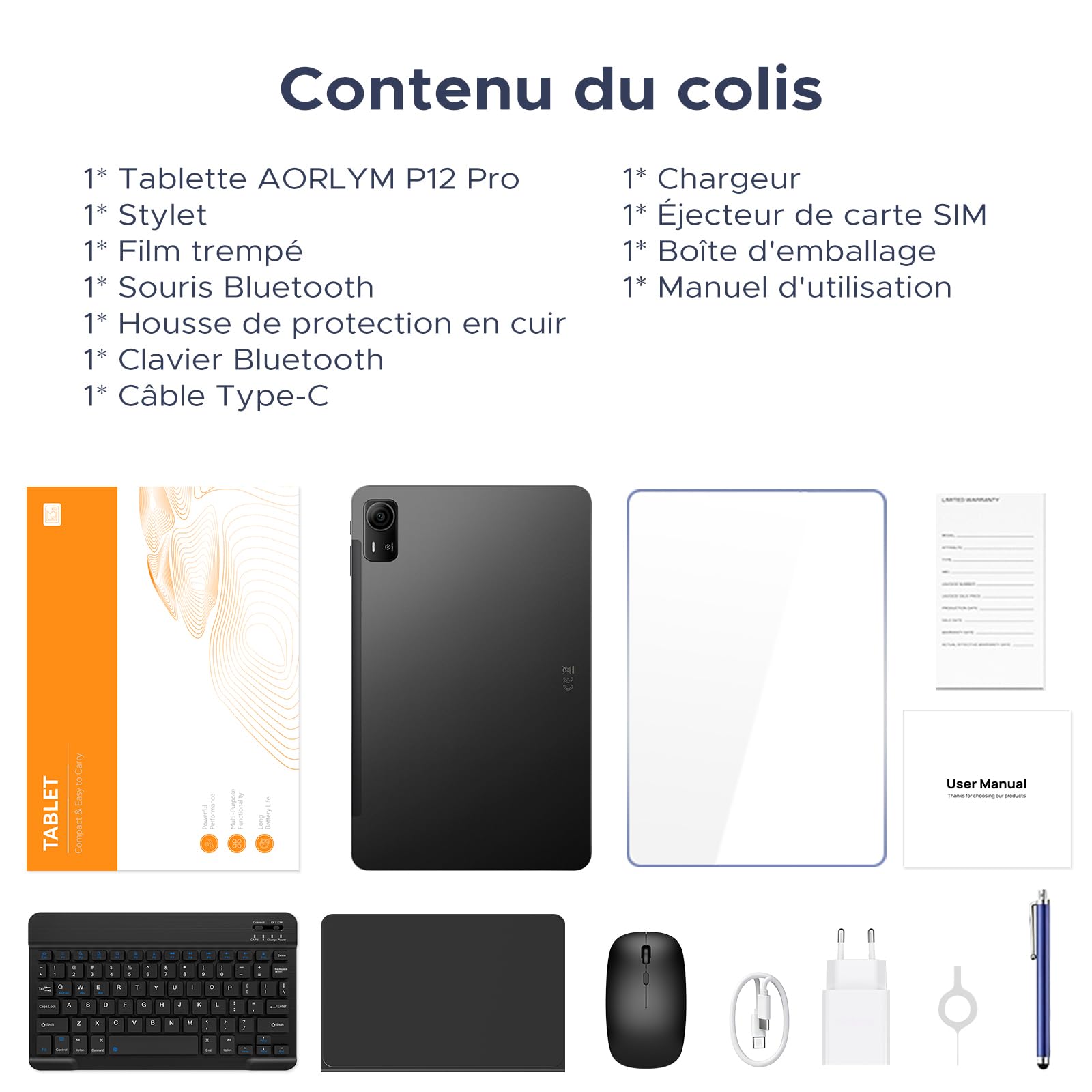 P12 Pro Tablette 12 Pouces, 12000 mAh Tablette Android 16, 48Go RAM+256Go ROM/2To TF, T7300 Octa-Core, Gemini AI, 2,4K/120Hz, 13MP, 4G LTE/Face ID/OTG/GPS/FM, Tablette avec Clavier et Stylet