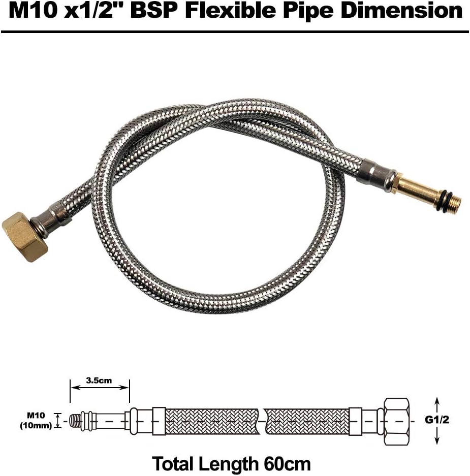 Pack of 2 Flexible Pipe Tap Connector Stainless Steel Braided Hose M10 (10mm) x 1/2" 60cm Long, Silver - Image 5