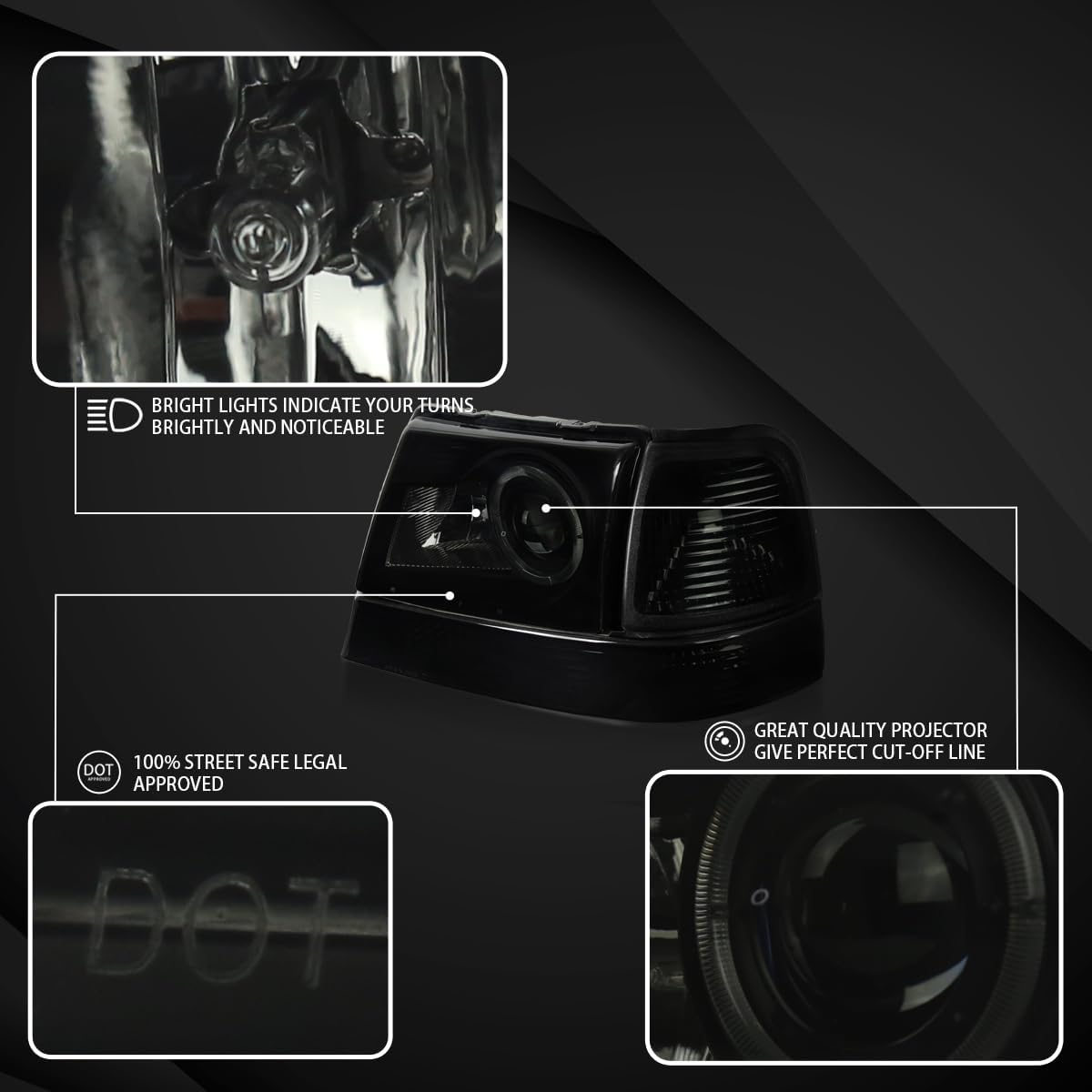 Autozensation Compatible with 1998-2000 Ford Ranger Black Smoke Halo Projector Headlights + Corner Signal Lights L + R Pair