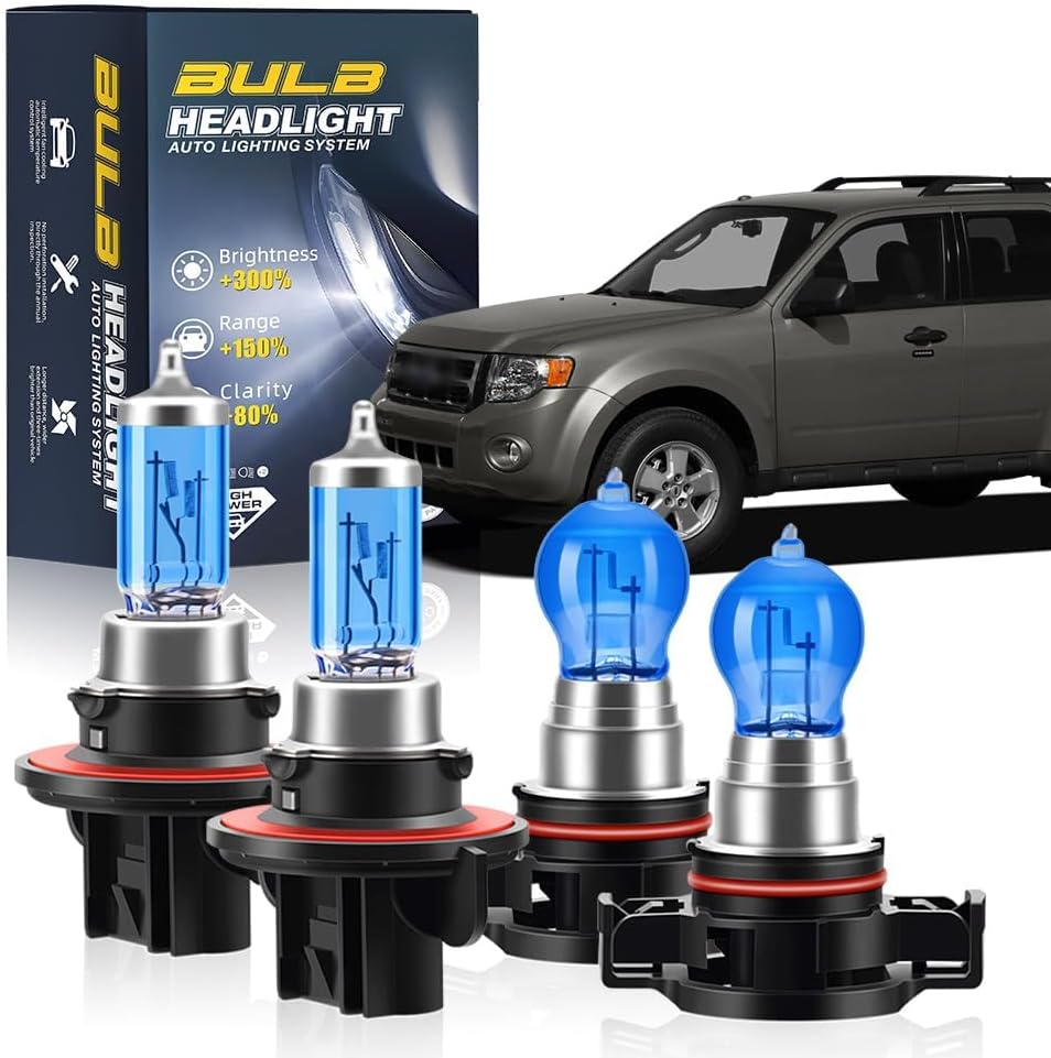 Halogen Headlight Bulb Combo For Ford Escape 2008 2009 2010 2011 2012 9008/H13 High/Low Beam + H16/5202 Fog Lights Headlamp Replacement Bulbs Kit， Pack of 4
