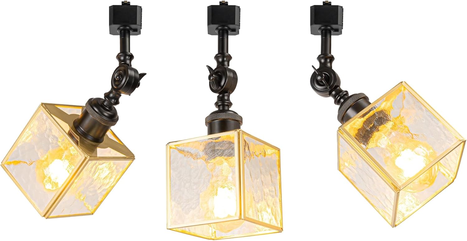 Vintage Black with Square Glass Shade H-Type Track Lighting E26 Base Adjustable Angle Direction for Kitchen Loft Pack of 3