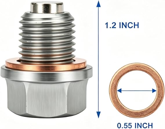Premium M14x1.5 Magnetic Oil Drain Plug, Stainless Steel Engine Oil Pan Drain Bolt with 5PCS Copper Crush Washers, Anti Leak Replacement Bolt Suitable for Auto, Motorcycles and Boat