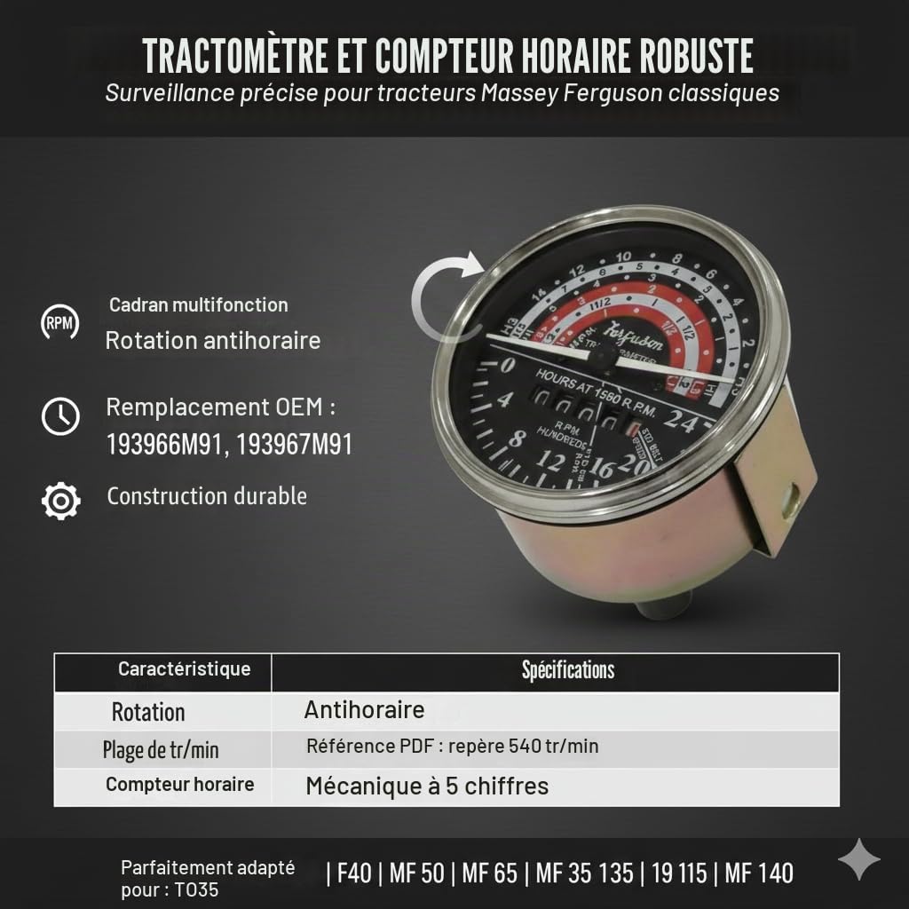 Tachymètre Massey Ferguson 193966M91 pour jauge Massey Ferguson TO35 F40 50 65 Tachymètre Compteur de tracteur Massey Ferguson/Tachymètre anti-horaire - MF 35, 133, 135, 140