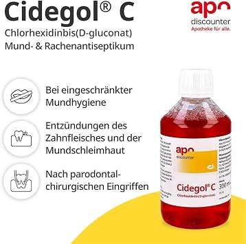 apodiscounter Cidegol C Chlorhexidine Mouthwash Solution 300 ml - Effective Treatment for Bacterial Gum Inflammation Bleeding Gums & Bad Breath Antiseptic Mouthwash Mouthwash