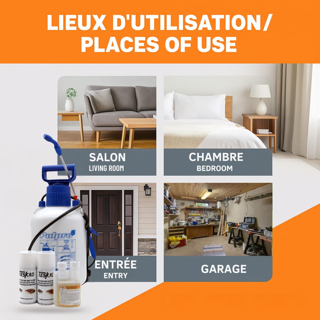 Traitement complet anti punaises de lit et puces pour logement jusqu'à 50m² Teskad | Pulvérisateur 5L + insecticide concentré 100 ml + 2 aérosols régulateur de croisssance