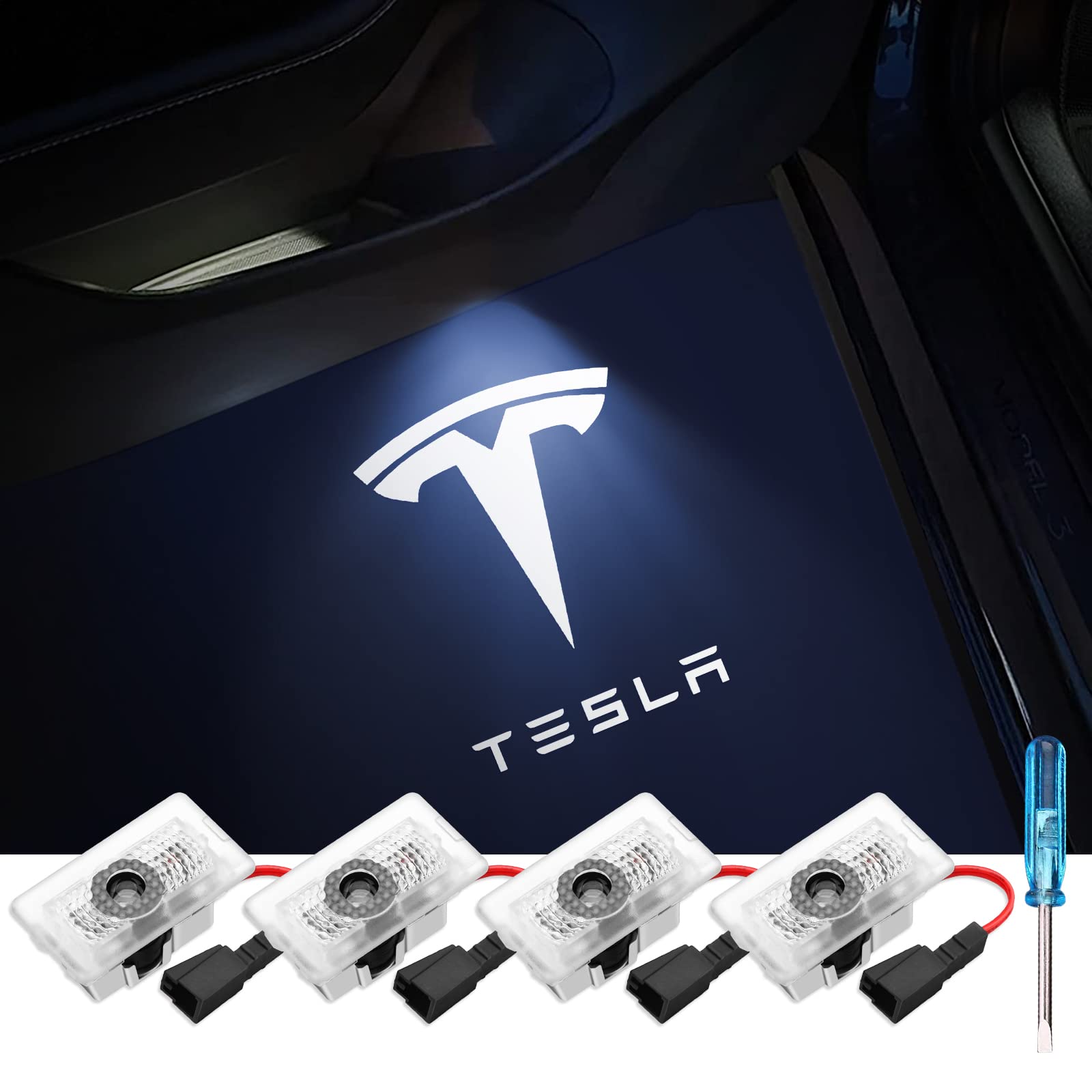 Ketopro No Fade Door Lights Logo Compatible with Tesla Model 3 Y S X Accessories Interior Lights Welcome Puddle Lights (4P-White)